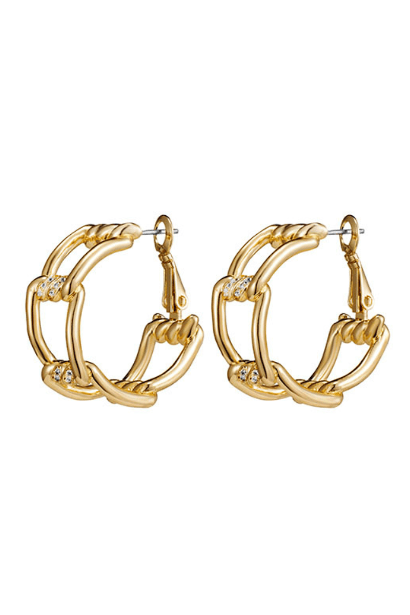 Twisted Square Chain Link Lever Back Hoop Earrings with CZ Stud Accents