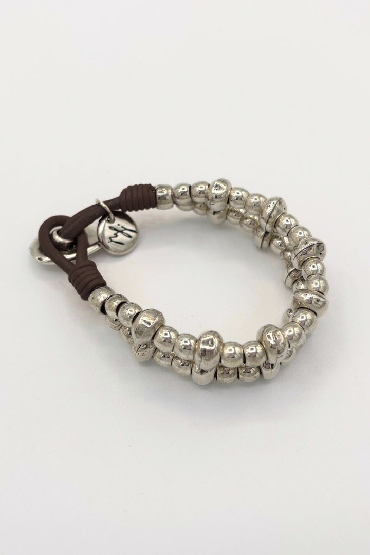 Two Strand Leather and Silver Bead Bracelet