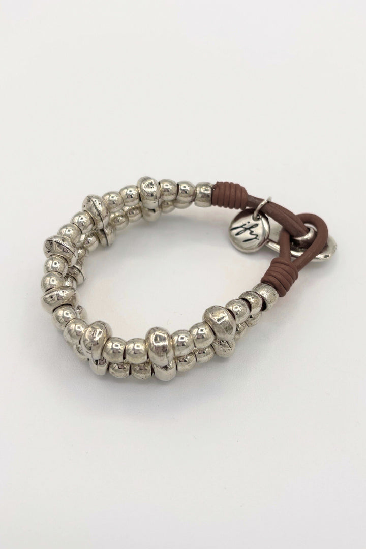 Two Strand Leather and Silver Bead Bracelet