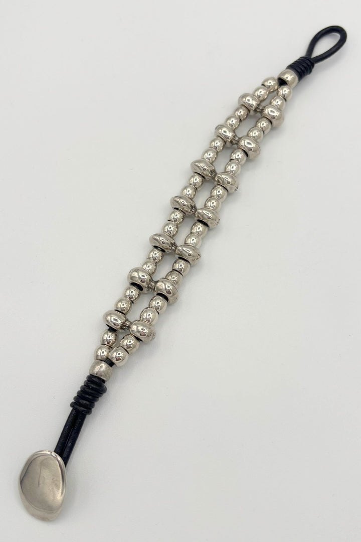 Two Strand Leather and Silver Bead Bracelet