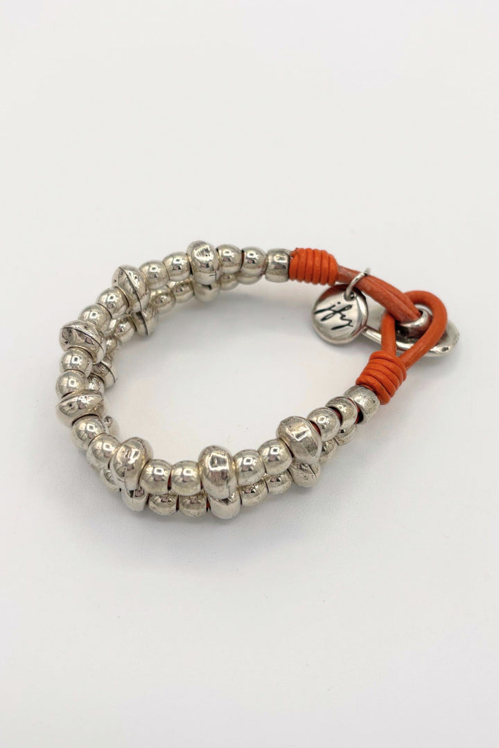 Two Strand Leather and Silver Bead Bracelet
