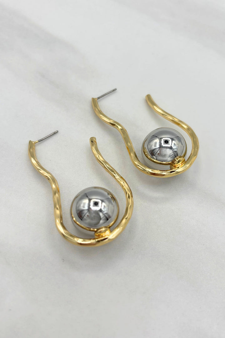Two Tone Gold Dipped Organic Shape Drop Ball Post Earrings