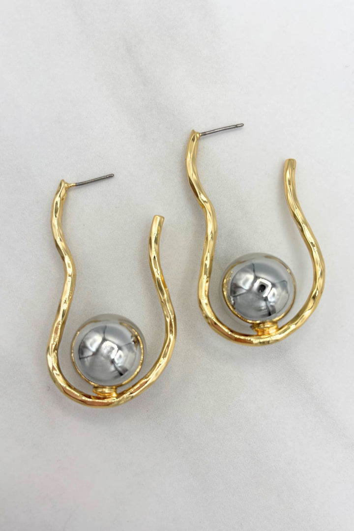 Two Tone Gold Dipped Organic Shape Drop Ball Post Earrings