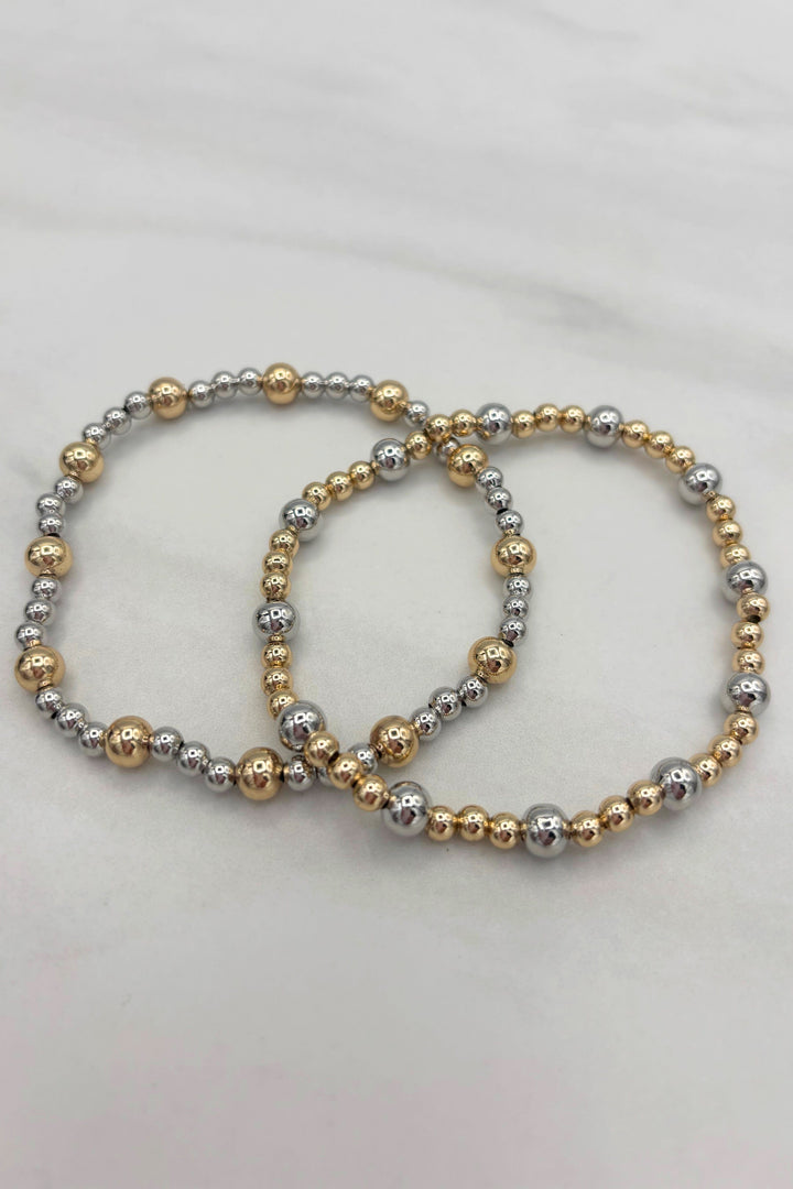 Two Tone Multi Size Beaded Stretch Bracelet Set