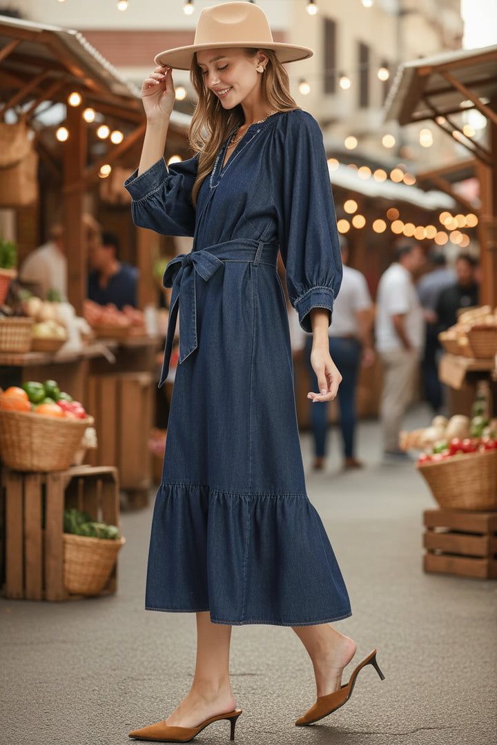 chambray midi dress with sleeves Umgee Belted 3/4 Puff Sleeve DR-UM-C6509 / INDIGO / L 100% cotton Age/Type:Sexy nepal Maweii Plus Size Women