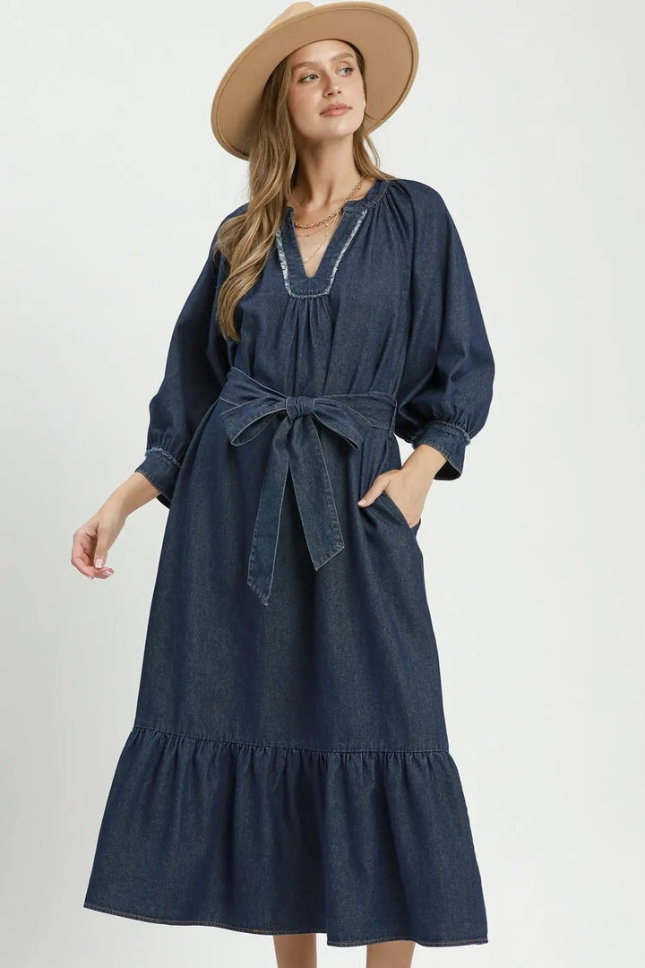Umgee Chambray Belted 3/4 Puff Sleeve Midi Dress