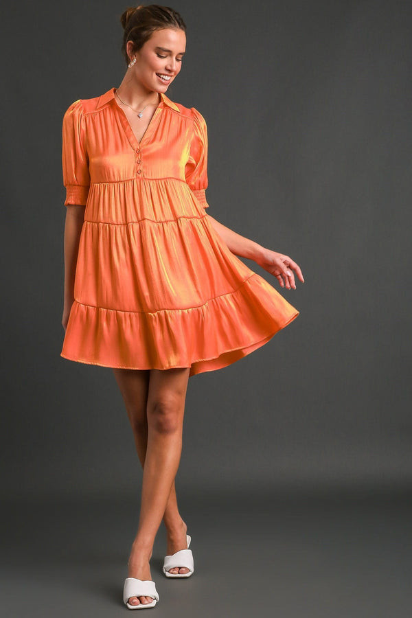 Umgee Collared Mid Button Cuffed Sleeve Shimmer Dress