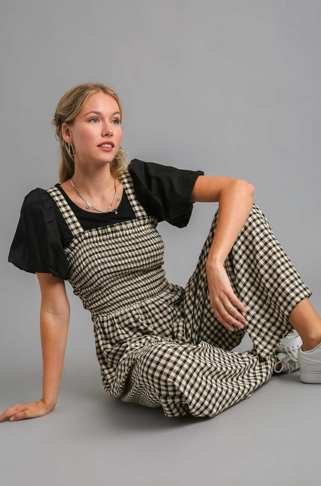 Umgee Gingham Smocked Jumpsuit with Front Pockets