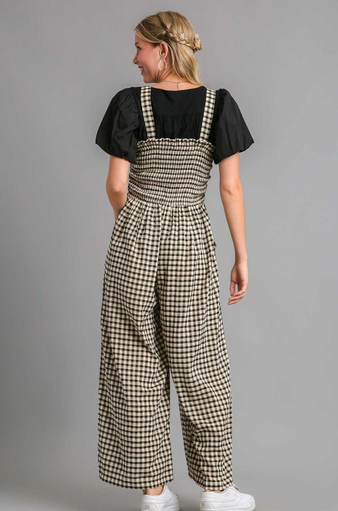 Umgee Gingham Smocked Jumpsuit with Front Pockets