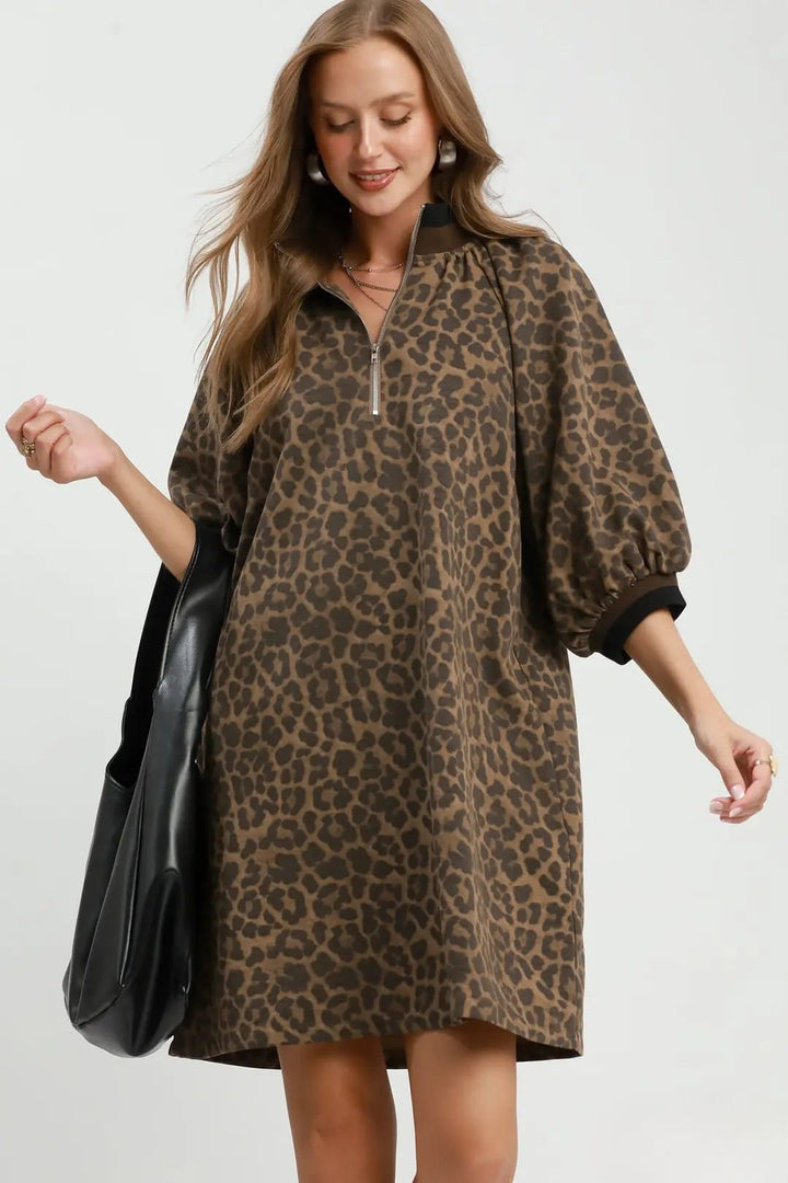 Umgee Leopard Print Quarter Zip Puff Sleeve Mini Dress