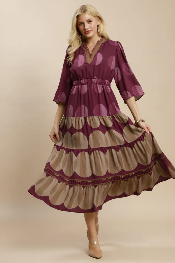 umgee midi dress Mix Polka Dot Tiered Boho DR-UM-C6632 / BURGUNDY / L The Dress Debate: Black Length of the garment Basque waist dress Atria Signature Colors:Atlantic Blue
