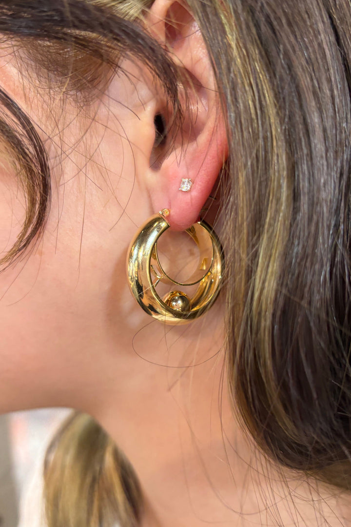 Unique Double Layer Small Thick Hoop Earrings with Free Moving Ball Inside