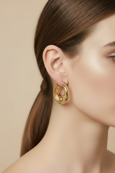 Unique Double Layer Small Thick Hoop Earrings with Free Moving Ball Inside