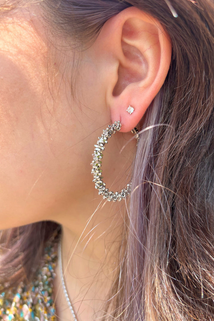 Unique Stacked Spike Bead Medium Lever Back Hoop Earrings