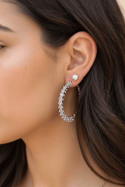 Unique Stacked Spike Bead Medium Lever Back Hoop Earrings