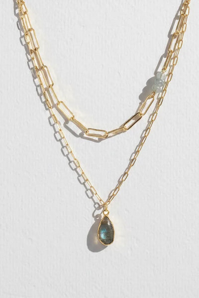 Unut Double Layered Paperclip Chain Necklace with Genuine Stone Accents