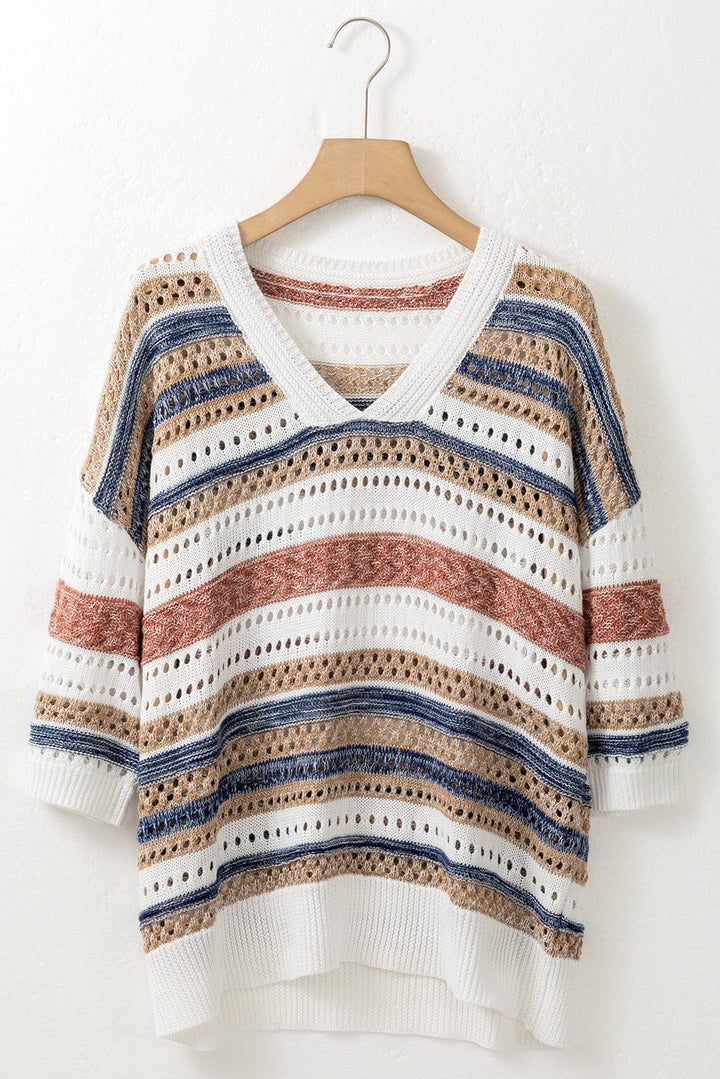 V-Neck Multicolor Striped Hollow Out Half Sleeve Knit Sweater Top