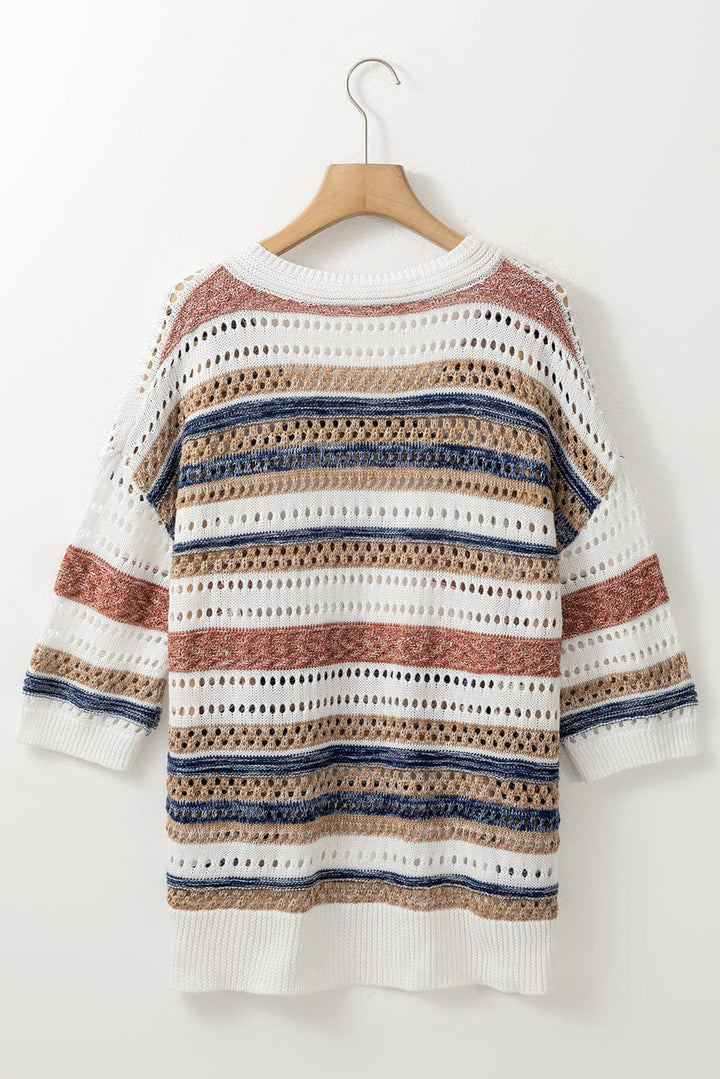 V-Neck Multicolor Striped Hollow Out Half Sleeve Knit Sweater Top