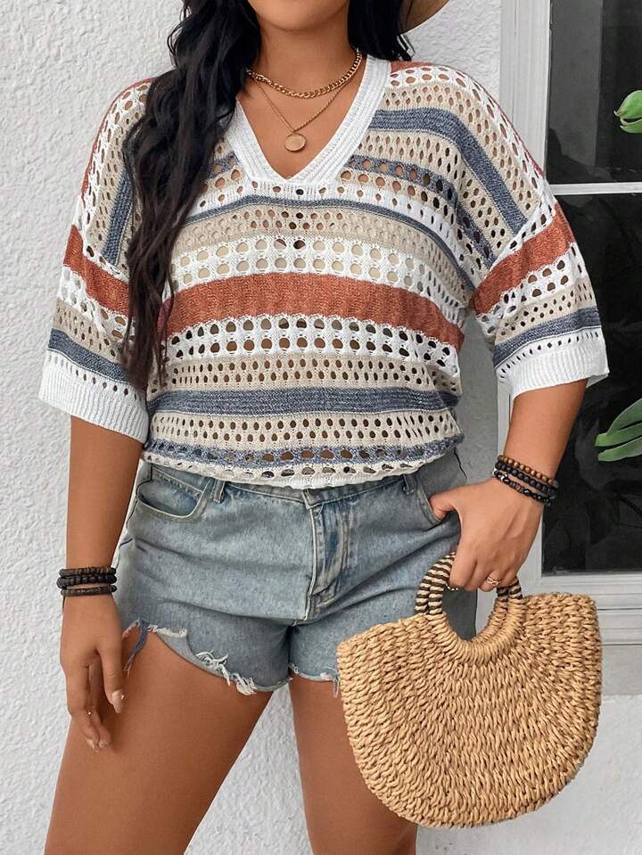 V-Neck Multicolor Striped Hollow Out Half Sleeve Knit Sweater Top