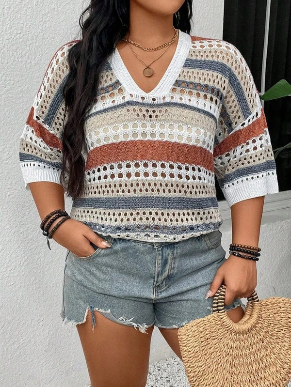 V-Neck Multicolor Striped Hollow Out Half Sleeve Knit Sweater Top