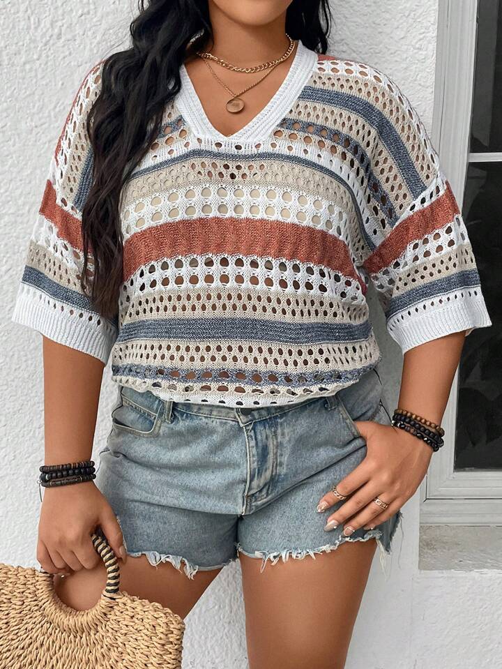 V-Neck Multicolor Striped Hollow Out Half Sleeve Knit Sweater Top