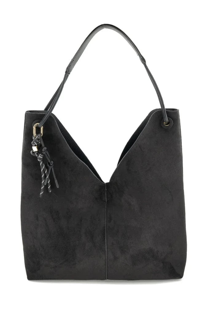 Vegan Leather and Faux Suede Reversible Hobo Bag with Tied Tassel Detailing