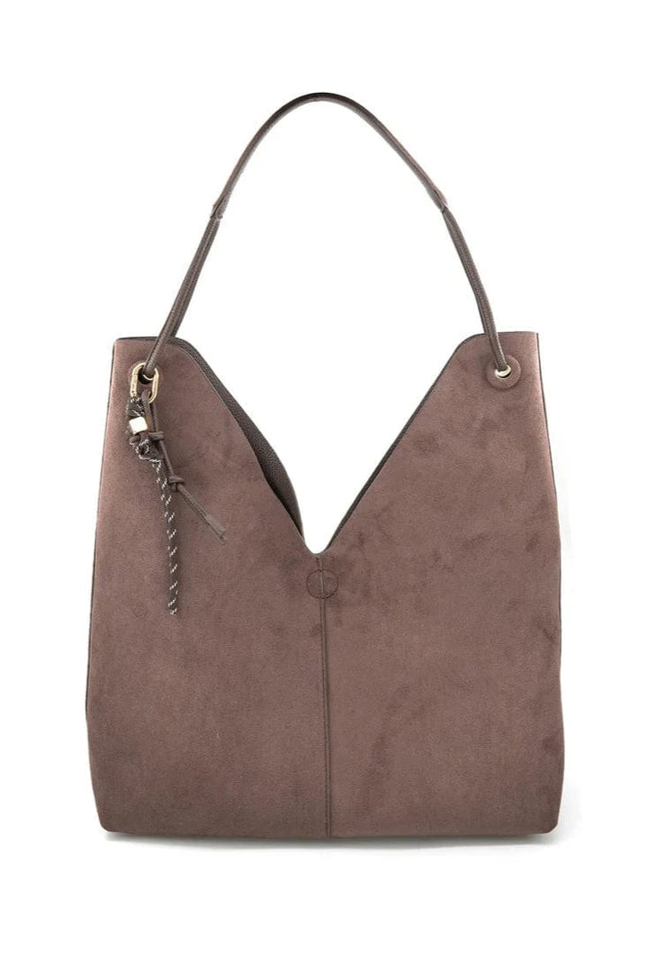 Vegan Leather and Faux Suede Reversible Hobo Bag with Tied Tassel Detailing
