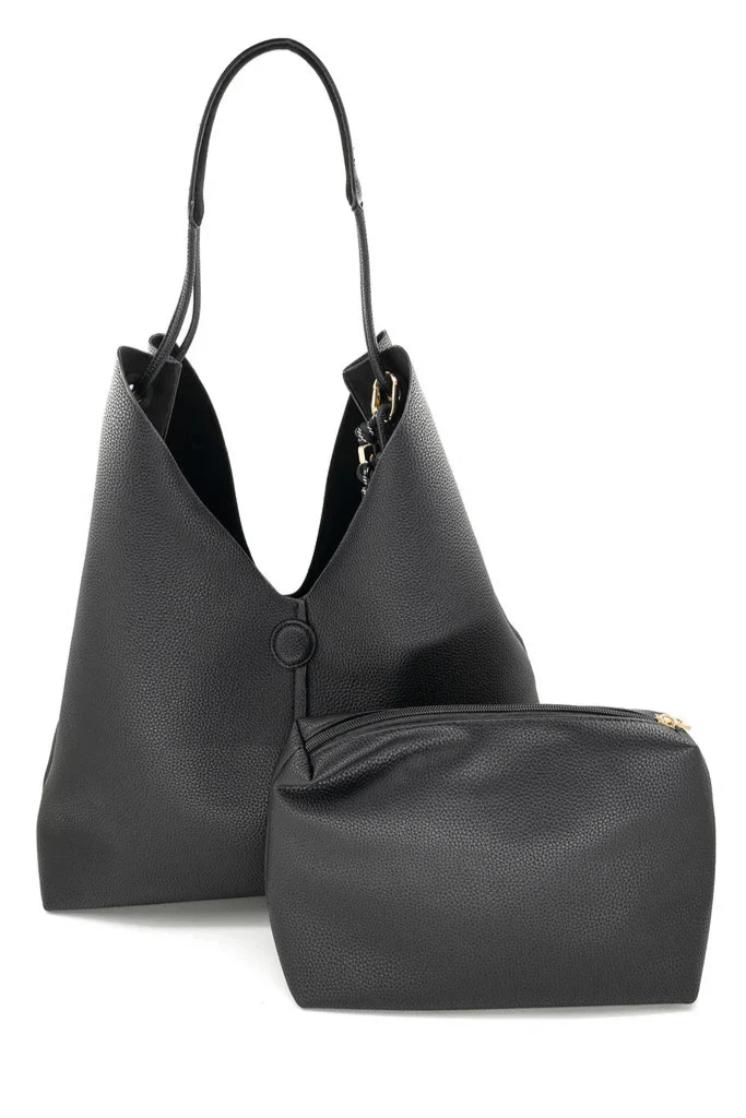 Vegan Leather and Faux Suede Reversible Hobo Bag with Tied Tassel Detailing