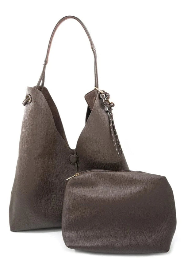 Vegan Leather and Faux Suede Reversible Hobo Bag with Tied Tassel Detailing
