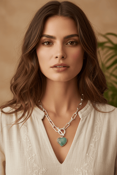 Vetille Short Toggle Clasp Centerpiece Necklace with Genuine Stone Heart