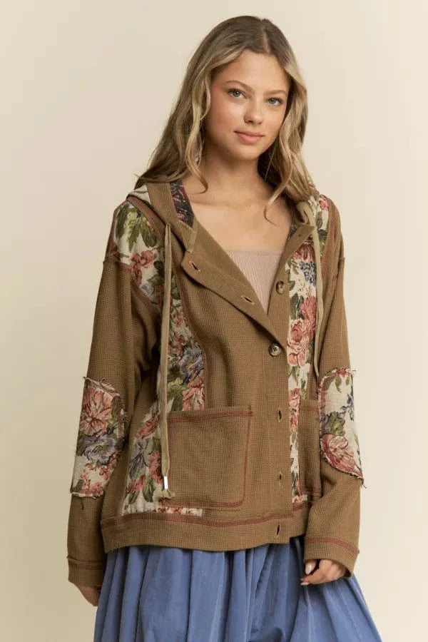Vintage Floral Design Knit Button Down Hooded Light Wear Jacket