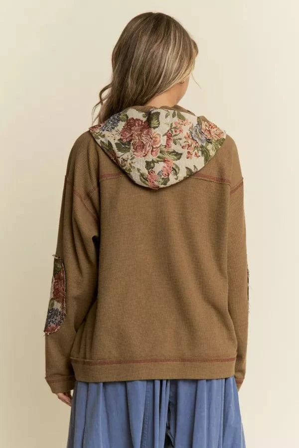 Vintage Floral Design Knit Button Down Hooded Light Wear Jacket