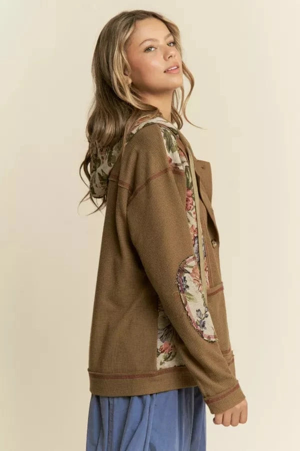 Vintage Floral Design Knit Button Down Hooded Light Wear Jacket