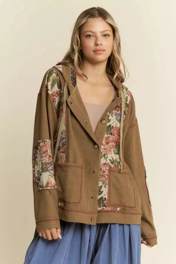 Vintage Floral Design Knit Button Down Hooded Light Wear Jacket