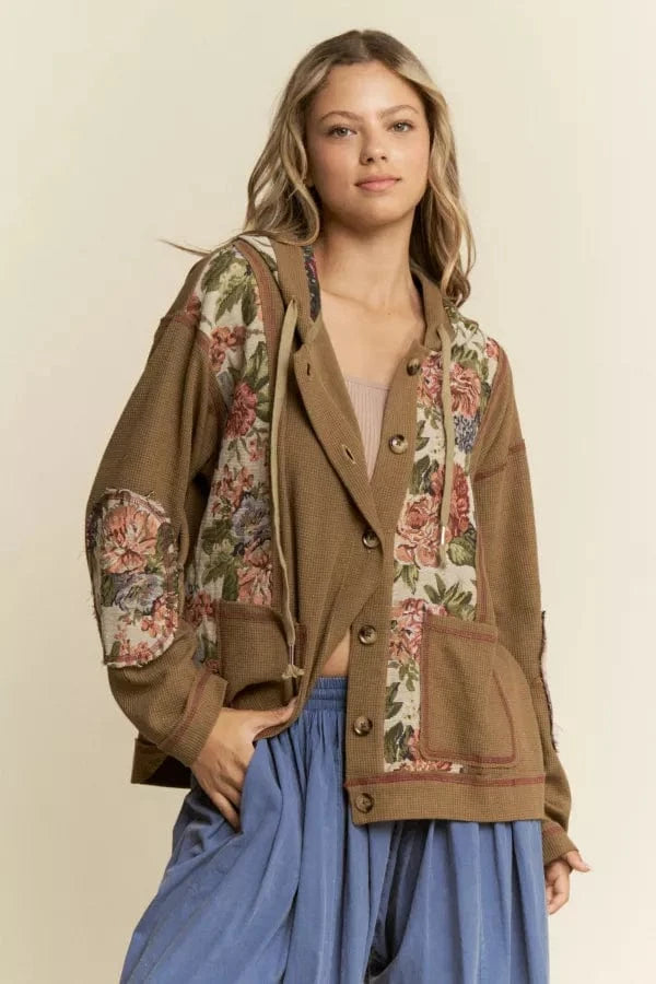 Vintage Floral Design Knit Button Down Hooded Light Wear Jacket