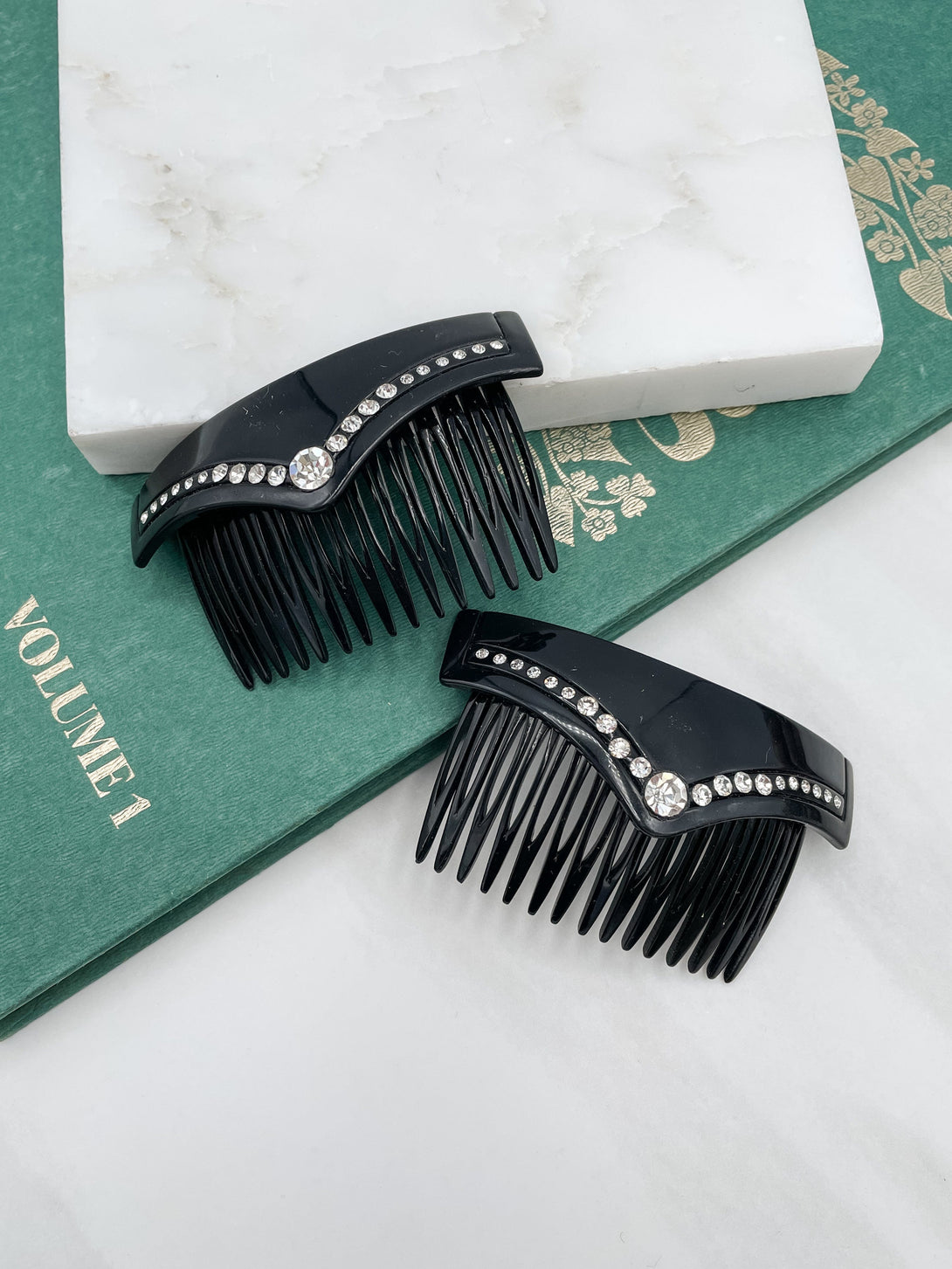 Vintage French 2pc V-Shape Crystal Studded Hair Combs