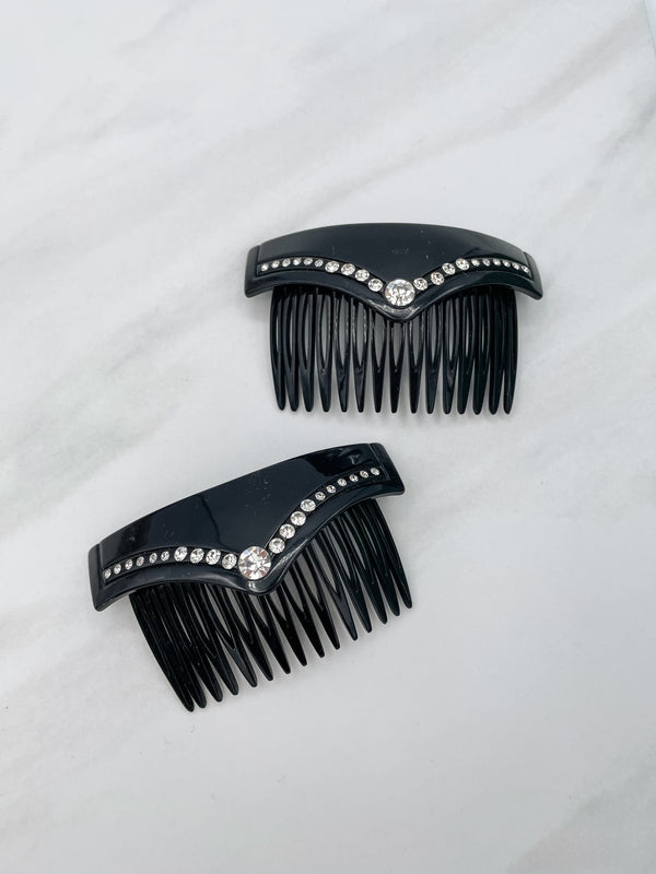 Vintage French 2pc V-Shape Crystal Studded Hair Combs