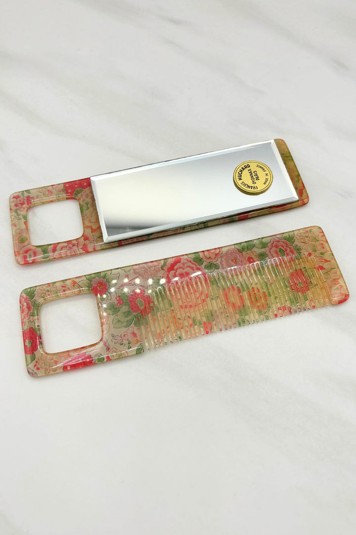 Vintage French Francois Huchard Light Floral Comb and Handheld Mirror Set