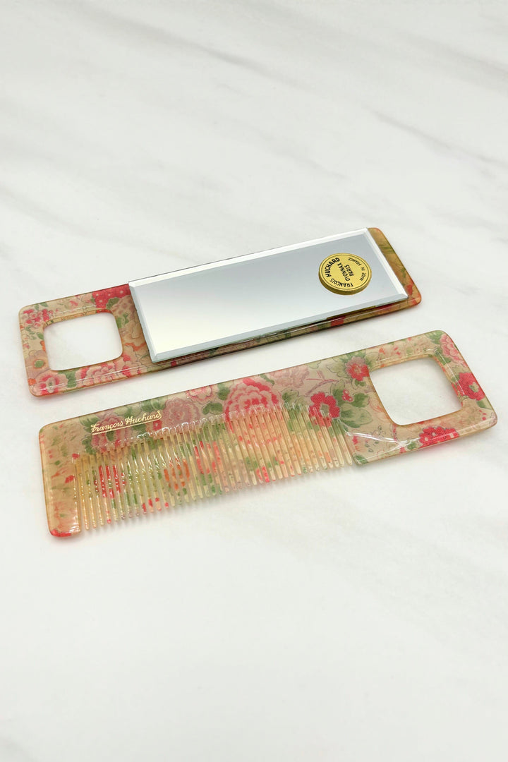Vintage French Francois Huchard Light Floral Comb and Handheld Mirror Set