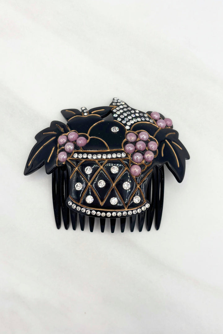 Vintage French Fruit Basket Hair Comb with Crystals, Clear Ice and Black