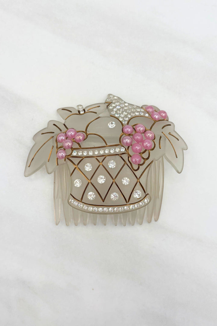 Vintage French Fruit Basket Hair Comb with Crystals, Clear Ice and Black