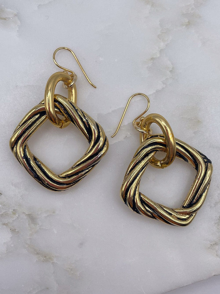 Vintage Gold Twisted Square Earrings with Black Accent Detail