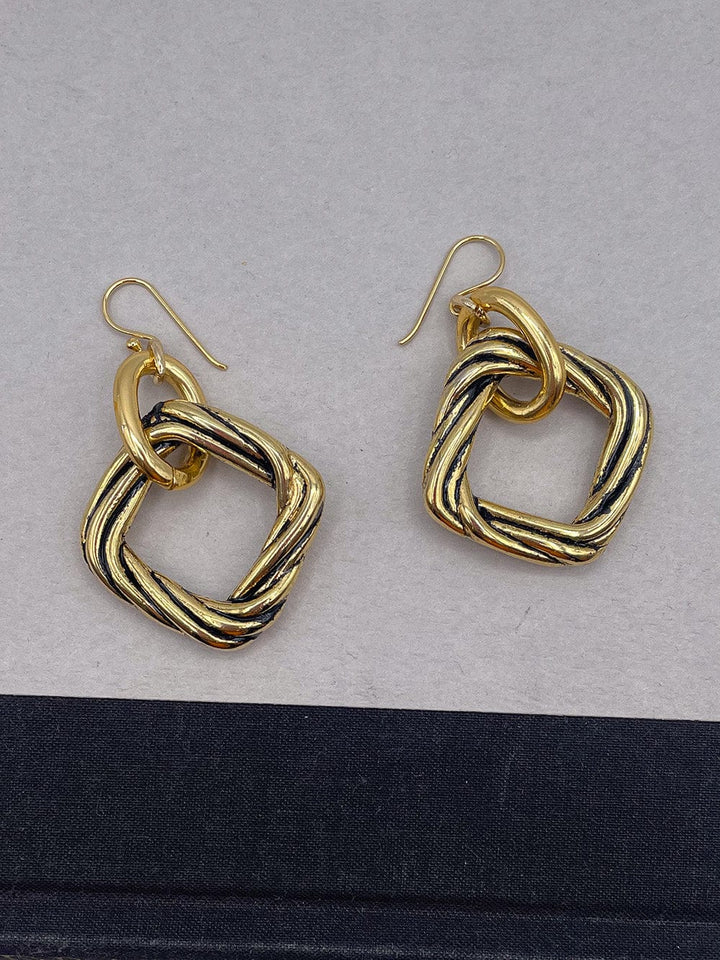 Vintage Gold Twisted Square Earrings with Black Accent Detail
