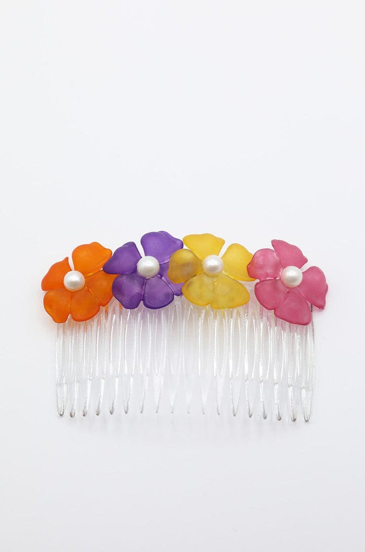 Vintage Handmade Hair Comb with Colorful Flowers and Pearl Centers