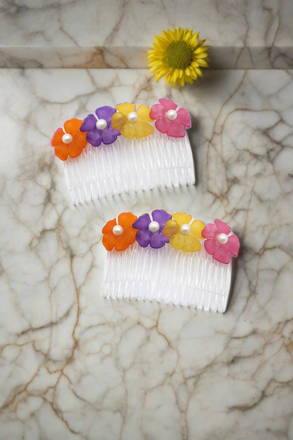 Vintage Handmade Hair Comb with Colorful Flowers and Pearl Centers