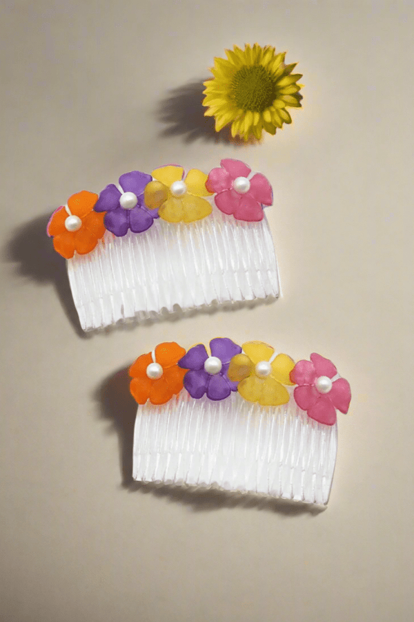 Vintage Handmade Hair Comb with Colorful Flowers and Pearl Centers