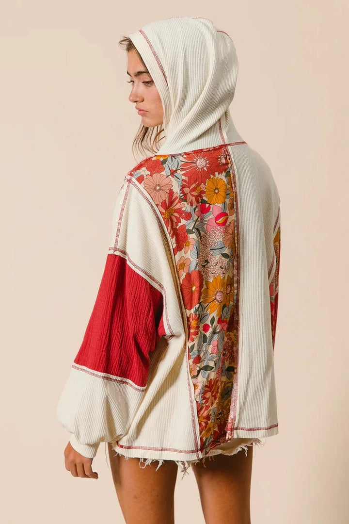 Waffle Knit and Floral Print Mixed Relaxed Fit Henley Neckline Hoodie Top