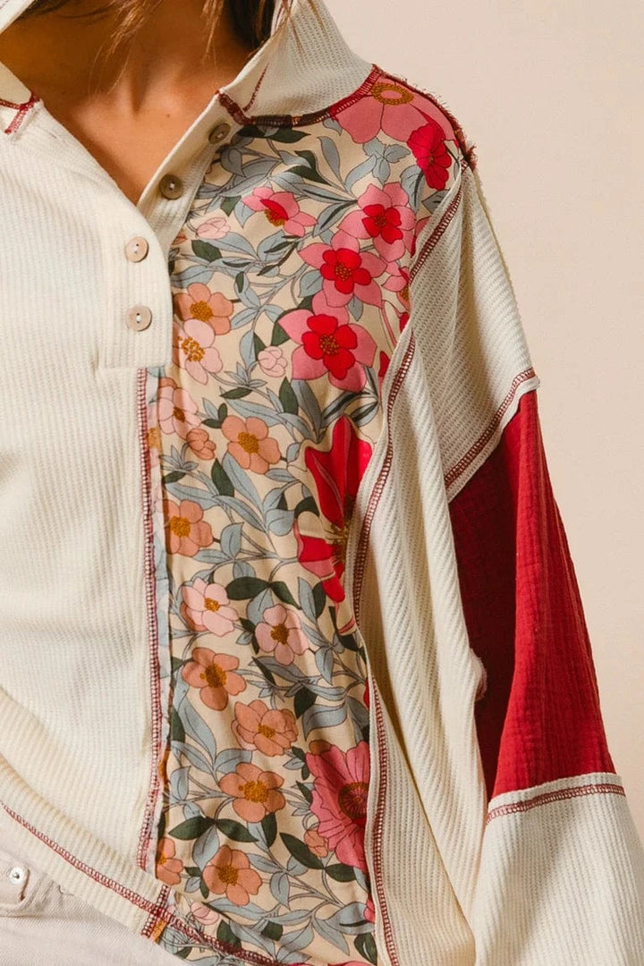 Waffle Knit and Floral Print Mixed Relaxed Fit Henley Neckline Hoodie Top