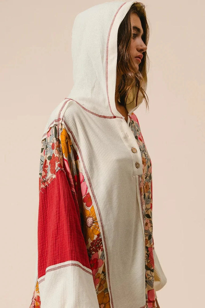 Waffle Knit and Floral Print Mixed Relaxed Fit Henley Neckline Hoodie Top