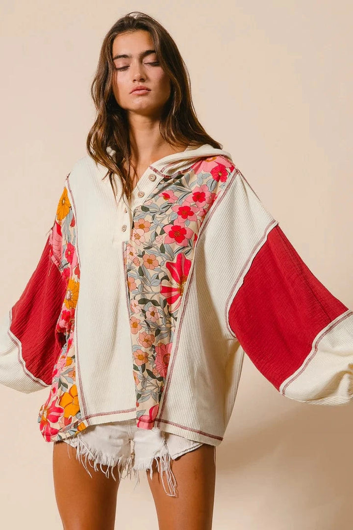 Waffle Knit and Floral Print Mixed Relaxed Fit Henley Neckline Hoodie Top
